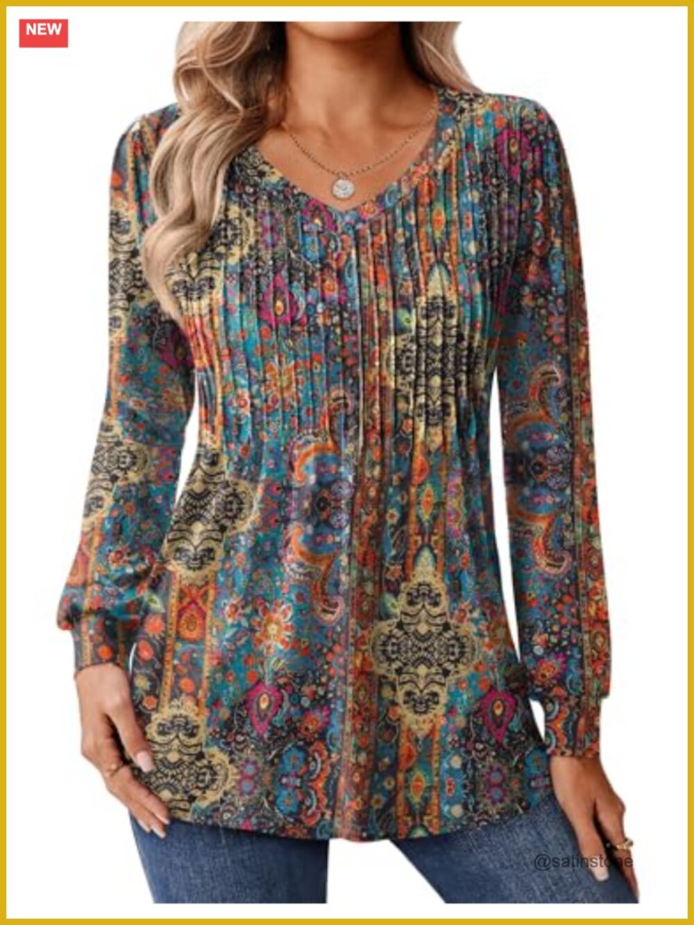 Women's Long Sleeve V-Neck Pleated Boho Floral Tunic Blouse 2026 Fall